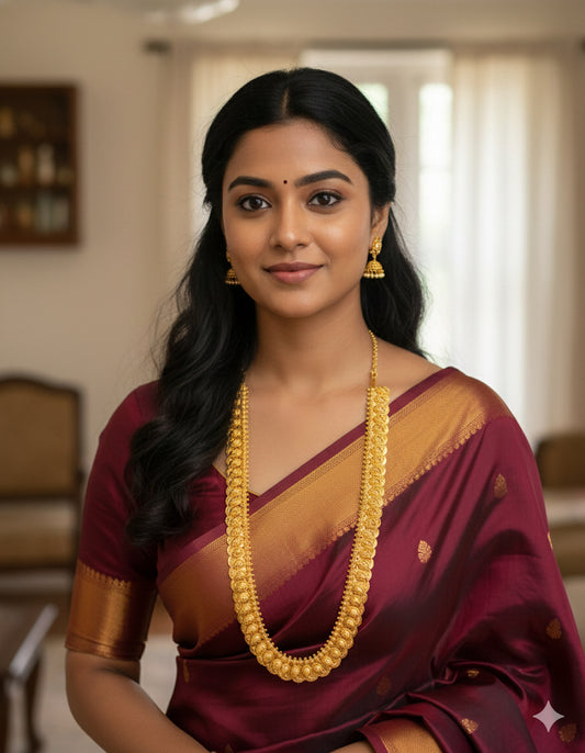 Gold tone mango-lakshmi coin reversible haar dj-47617