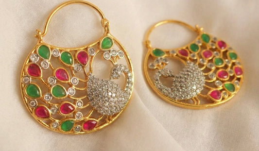 Gold tone cz ruby-green peacock bali hoop earrings DJ04257