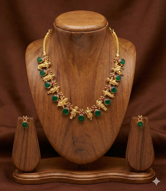 Gold tone pink-green round kerala style dasavathar necklace set dj-48089