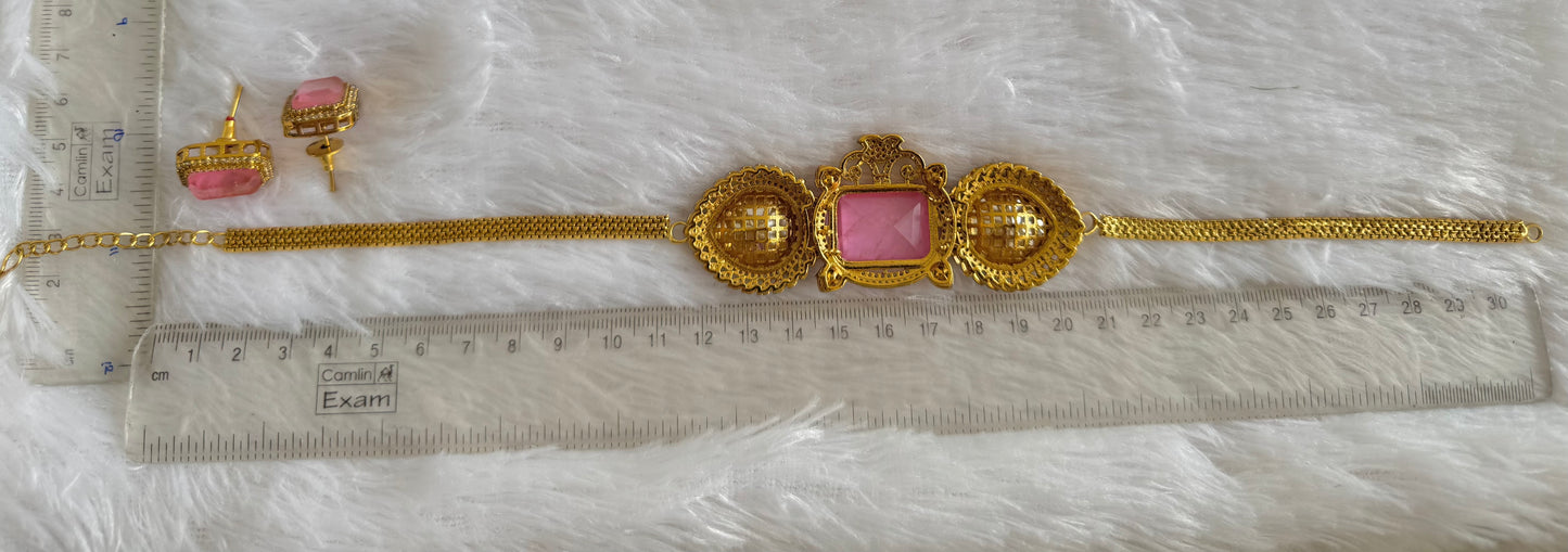 Antique gold tone cz big stone white-baby pink choker necklace set dj-51086