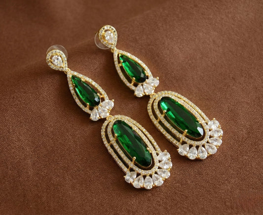 Gold Tone AD Green long Earrings DJ31419