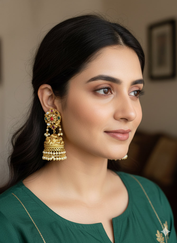 Matte finish cz white pearl cluster navarathna stone peacock jhumkka dj-47677