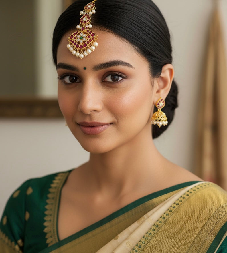 Gold tone precious kemp-green-white pearl tikka dj-52291