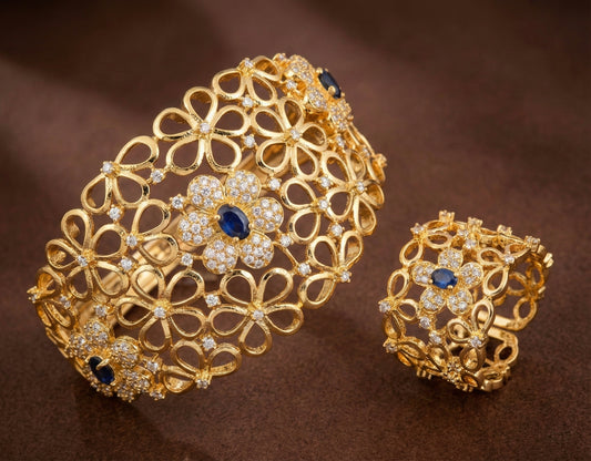 Gold tone Cz Blue Bracelet With Finger Ring DJ17984