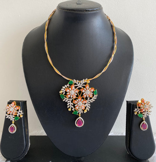 Two tone cz pink-green stone orange-pearl beaded flower kanti necklace set dj-53097