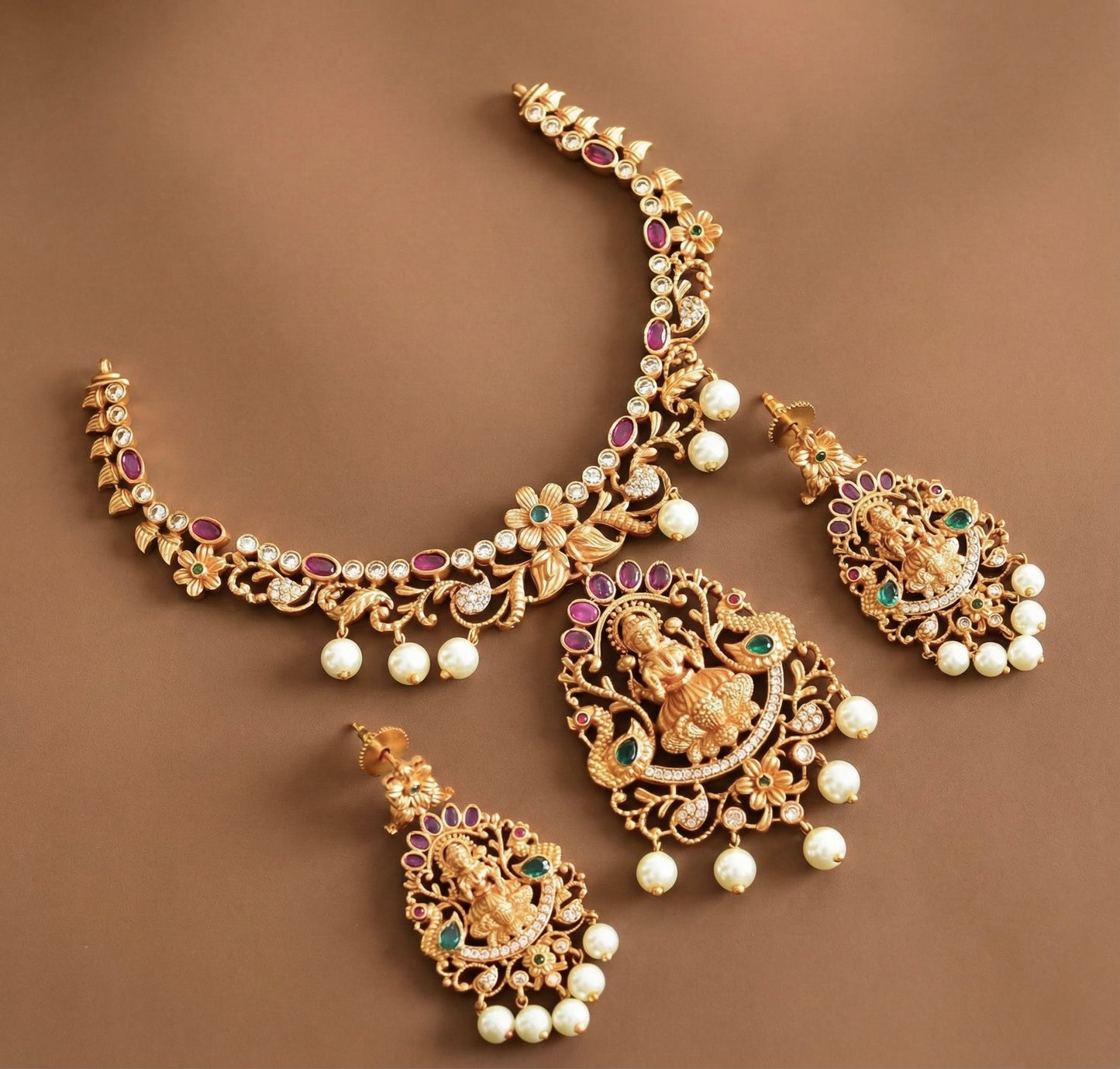 Matte Finish cz ruby-green pearl Lakshmi necklace set DJ33573