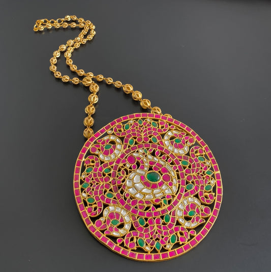 Matte finish pink-green-white kundan jadau huge round peacock necklace dj-54790