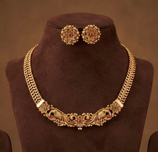 Antique gold tone kemp-green peacock front lock screw necklace set dj-52701