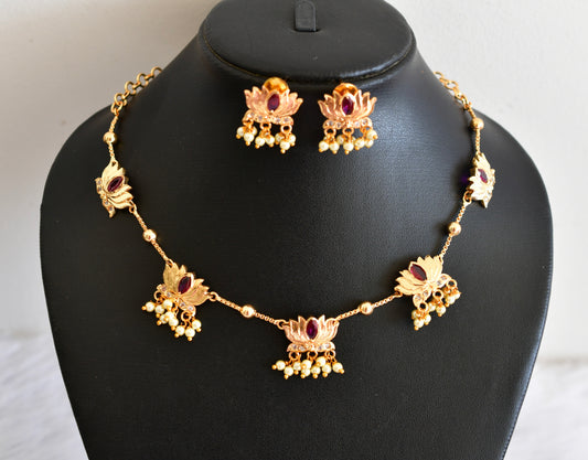 Gold tone white-pink lotus pearl necklace set dj-53335