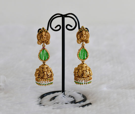 Antique gold tone green beaded pearl long Lakshmi jhumkka dj-52554
