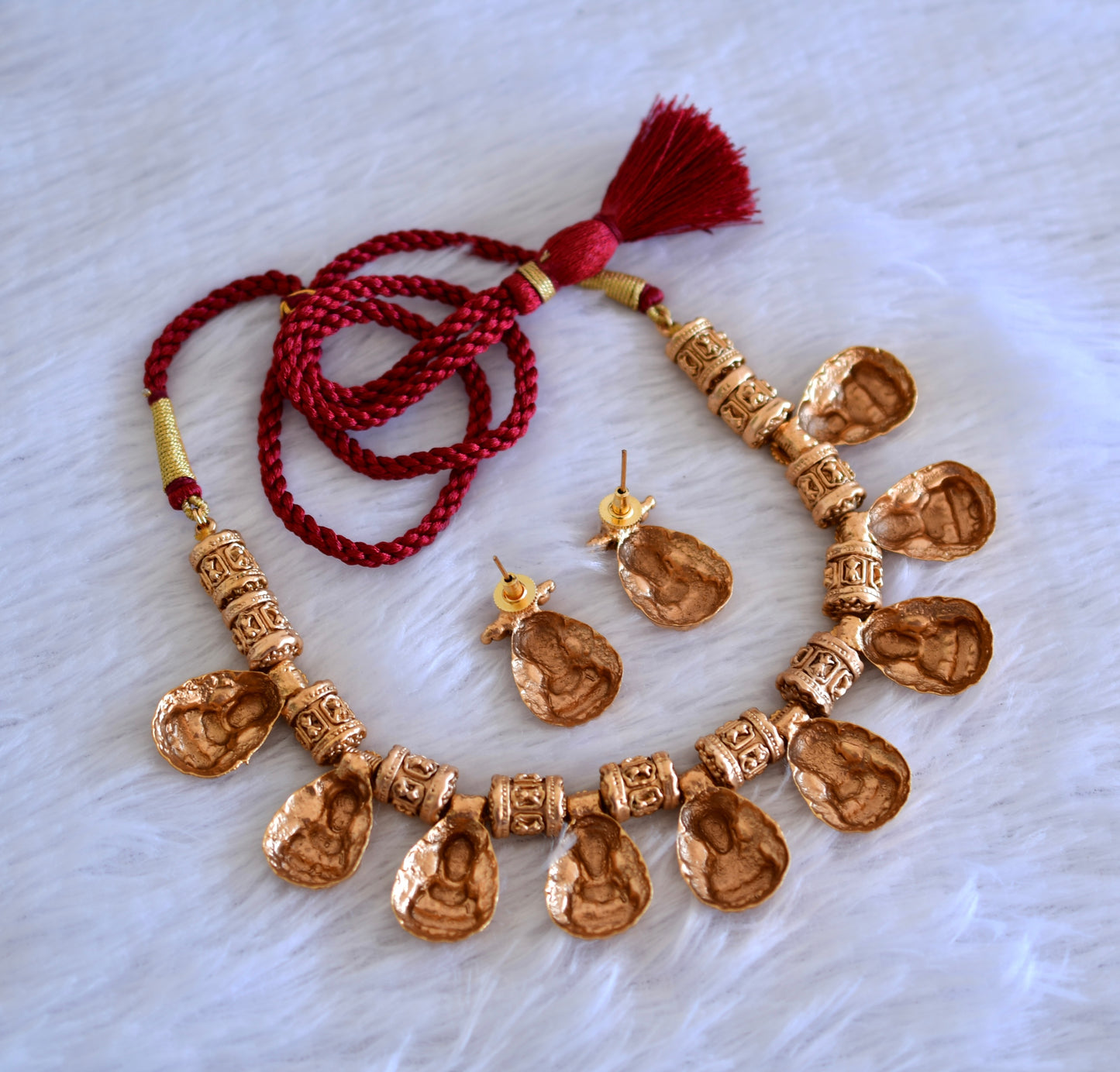 Antique gold tone kemp-green beaded nakshi lakshmi necklace set dj-52739