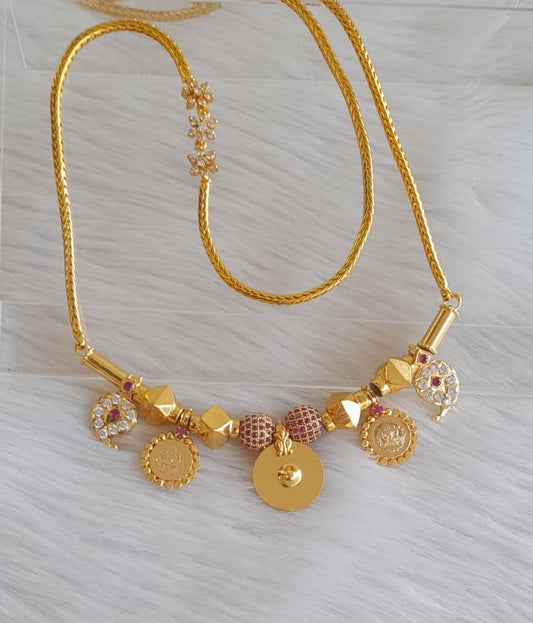 Gold tone white flower mugappu chain with stone mango laksmi coin ruby ball ginni bottu mangalaym dj-44118