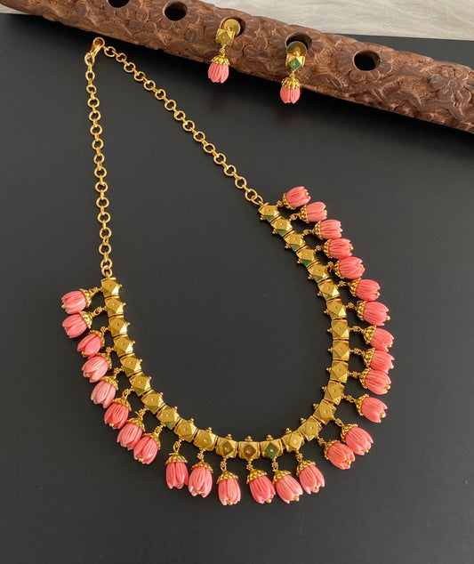 Antique gold tone baby pink tulip beaded necklace set dj-53707