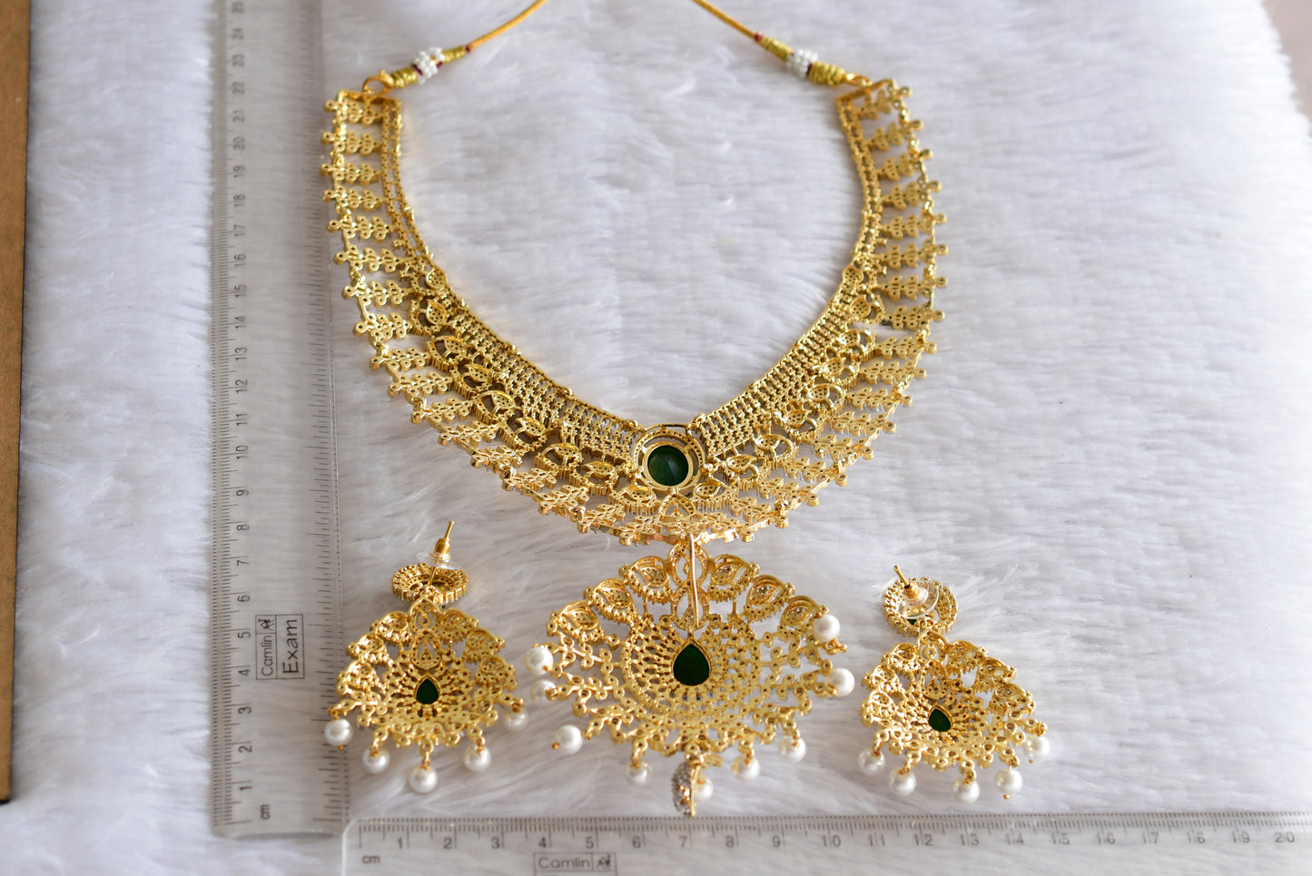 Two tone emerald-white bridal big necklace set dj-51981