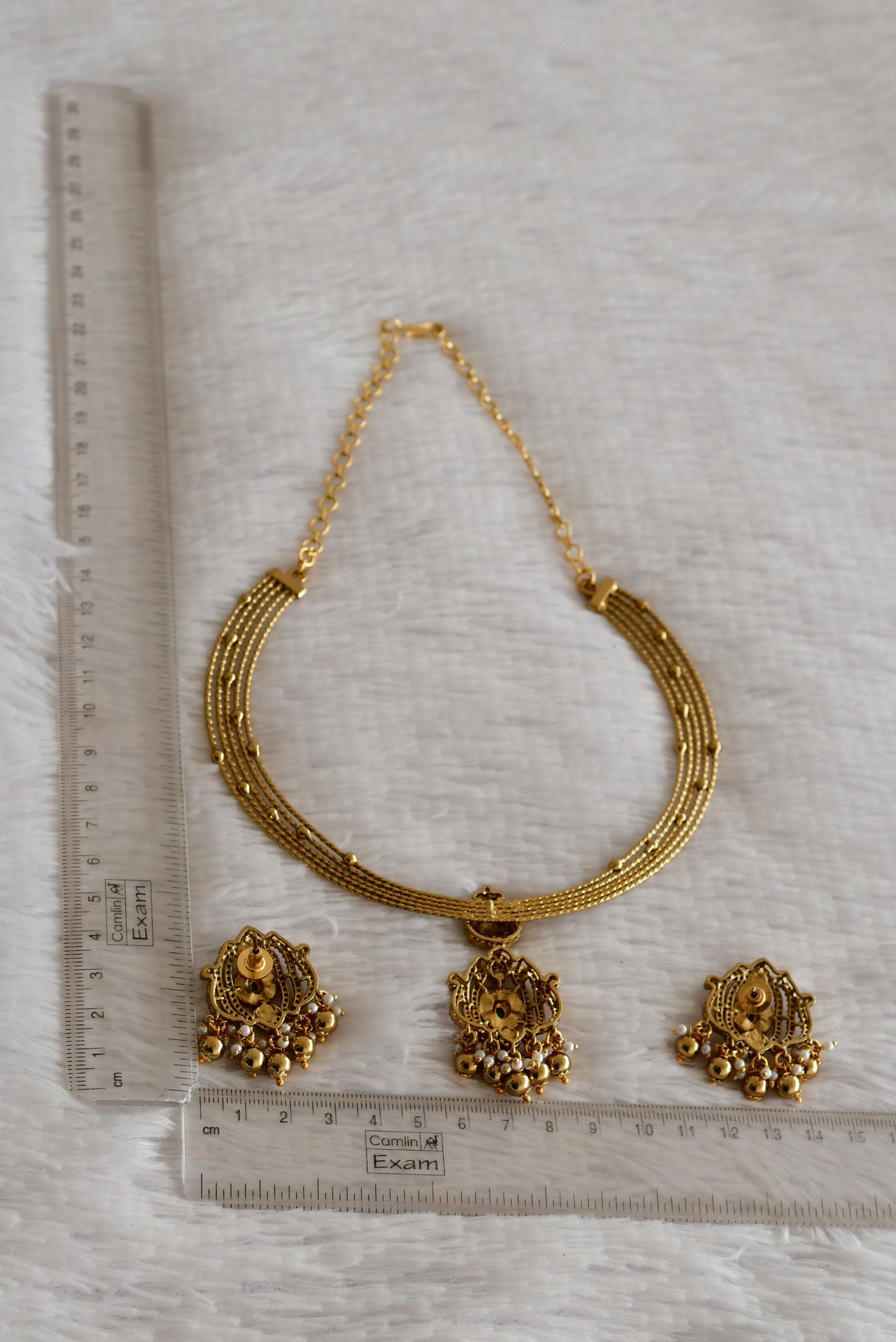 Antique gold tone pink-green kundan jadau kante necklace set dj-52418