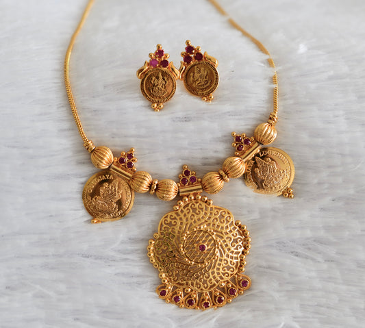 Gold tone kerala style ruby lakshmi coin necklace set dj-52685
