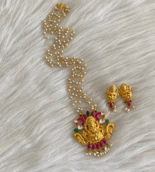 Gold tone lakshmi peacock kundan jadau pearl necklace set dj-54488