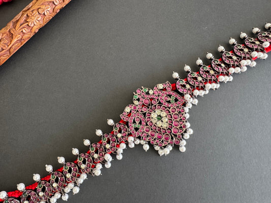 Black finish precious kemp-green-white pearl peacock waist band dj-52274