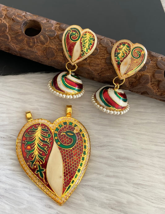 Gold tone meenakari pacchi heart pendant set dj-52964
