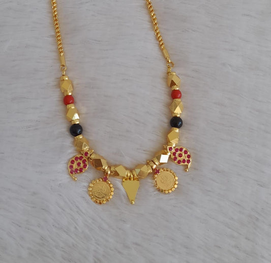 Gold tone 24 inches rope chain with coral-black bead pink stone mango lakshmi coin elakka thali mangalyam dj-50466