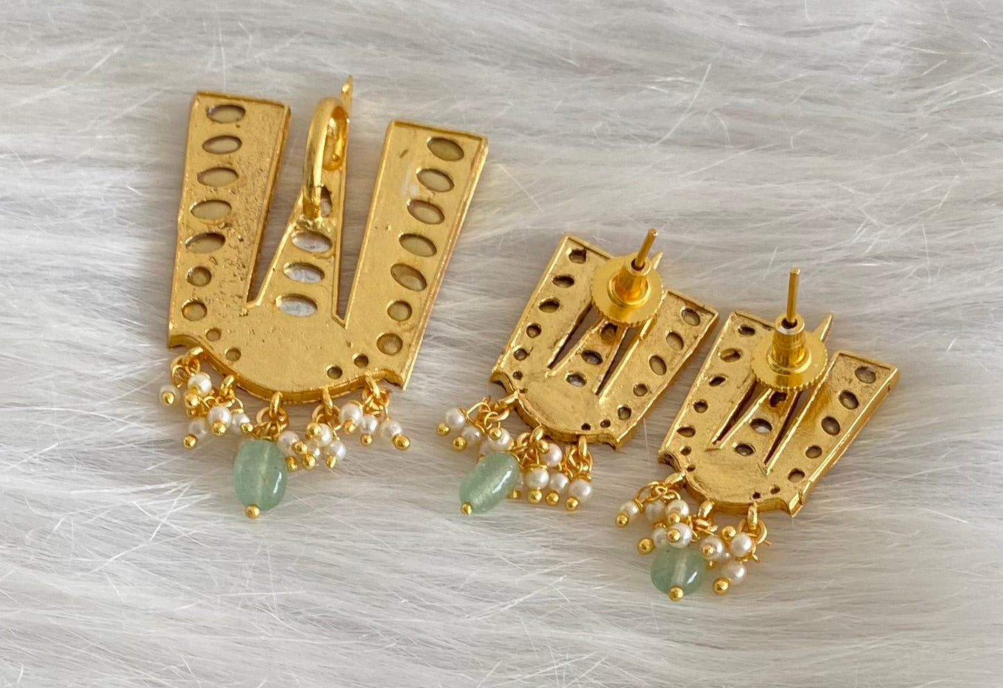 Gold tone white-green kundan jadau thirumal nama pendant set dj-53983