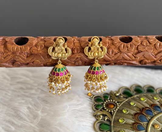 Gold tone pink-green-white kundan jadau lakshmi green beaded jhumkka dj-51506