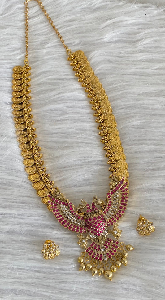 Antique gold tone kundan jadau Gandaberunda lakshmi coin peacock haar set dj-54197