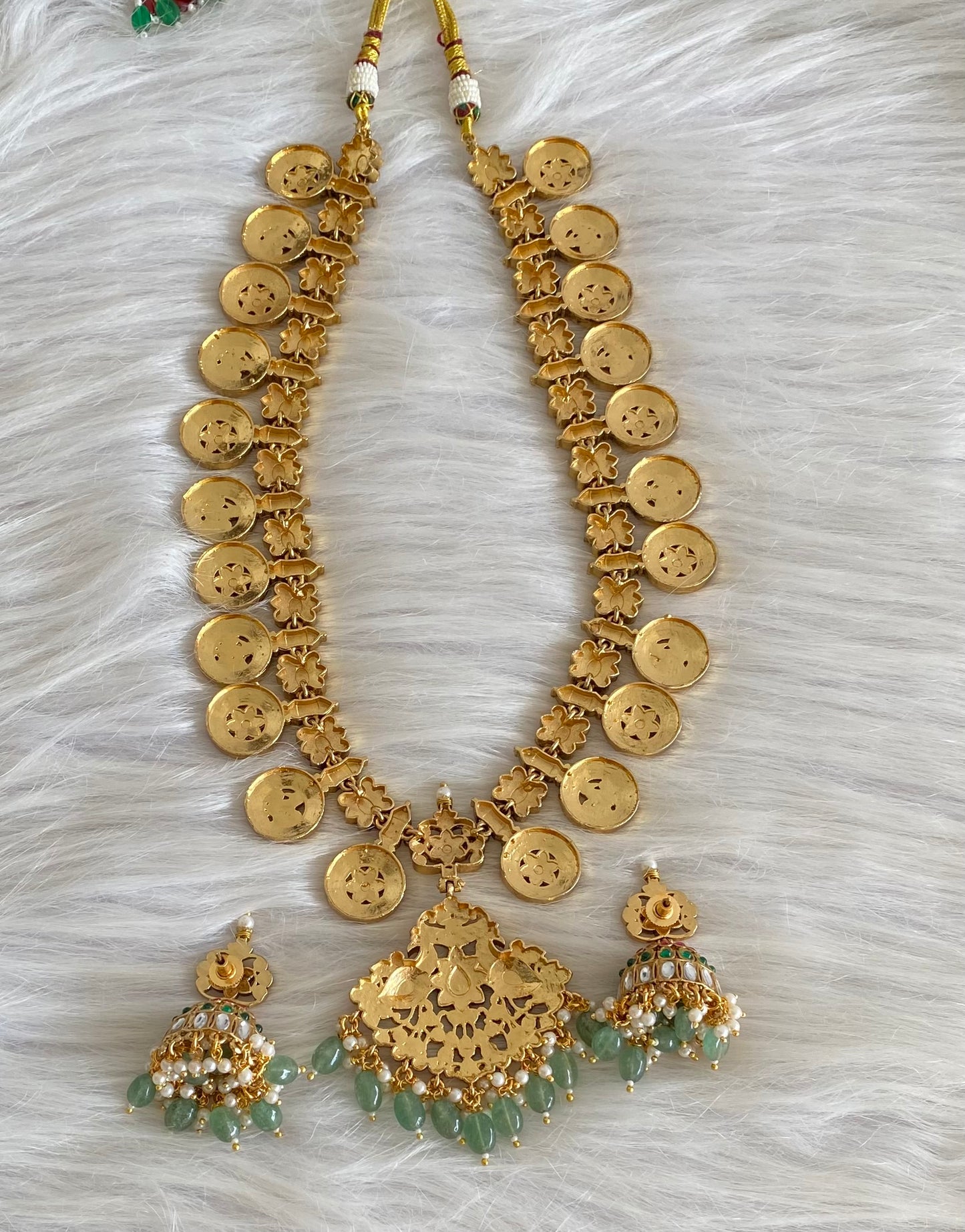 Antique gold tone peacock green beaded kundan jadau bottu mala/haar set dj-54159