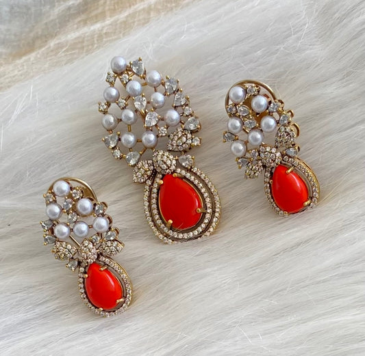 Antique gold tone coral-pearl-white pendant set dj-53980