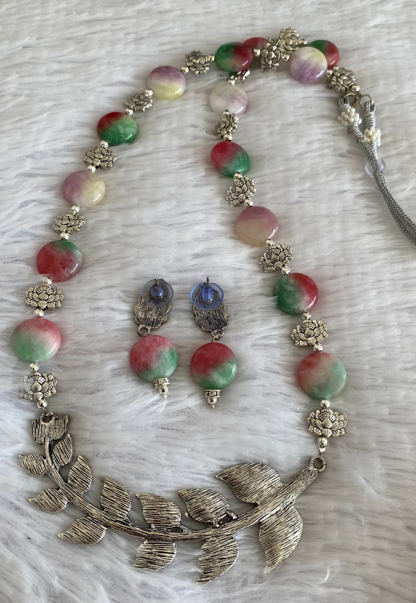 Silver tone multicolour beaded leaf pendant necklace set dj-52920