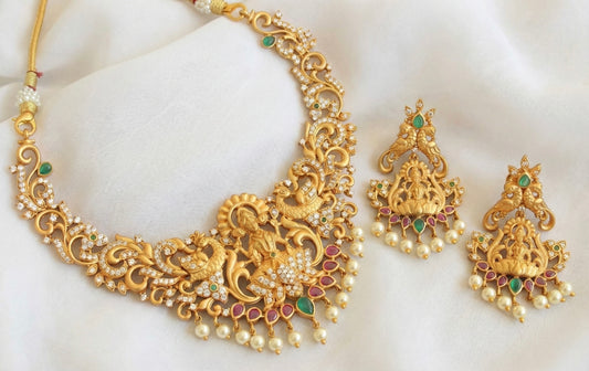 Matte finish ruby-green pearl lakshmi necklace set DJ28426