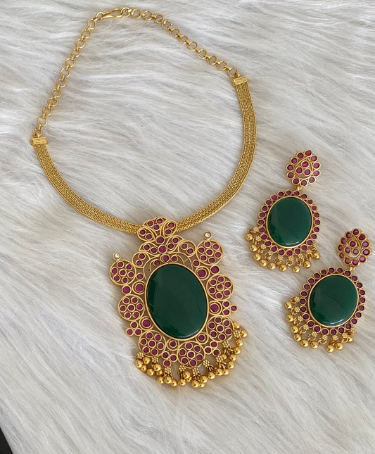 Matte finish big green oval stone pendant choker necklace set dj-53987