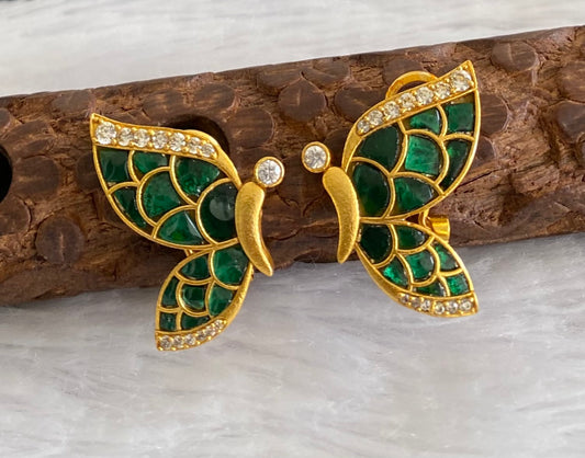 Gold tone green-white kundan jadau butterfly earrings dj-53531