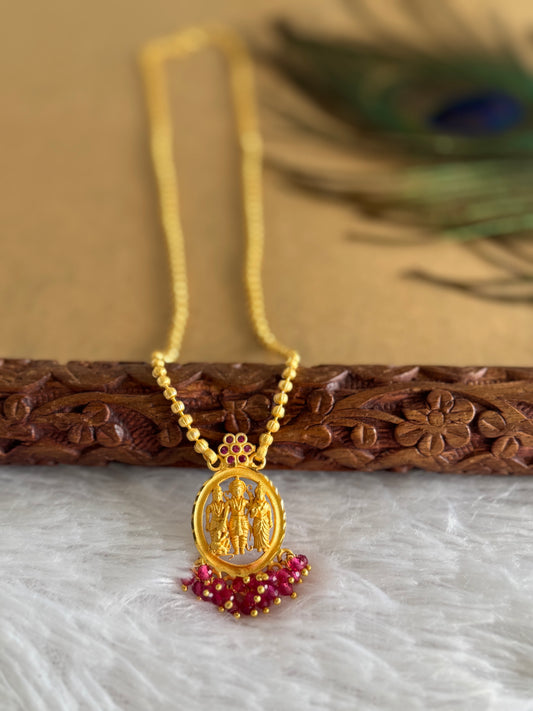 Gold tone pink stone Ram parivar short chain dj-51736