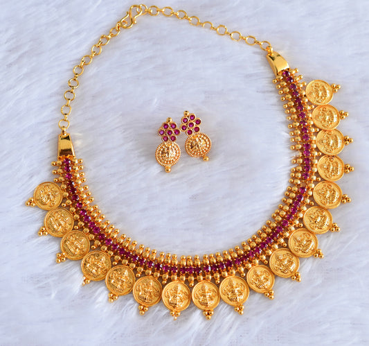 Gold tone pink stone lakshmi coin necklace set dj-53049