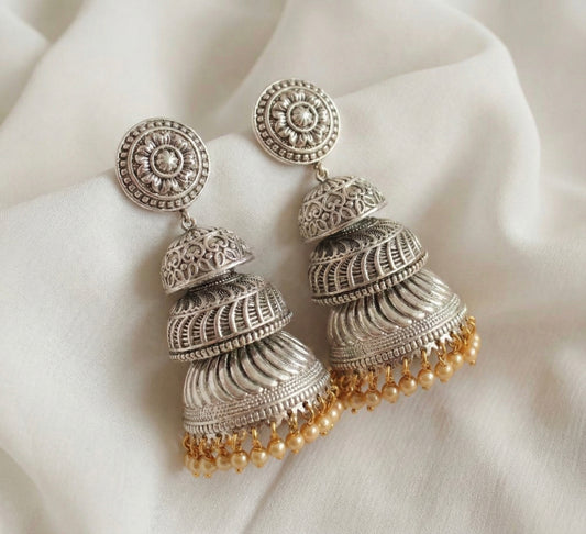 Dual tone pearl long step jhumkka -dj04074