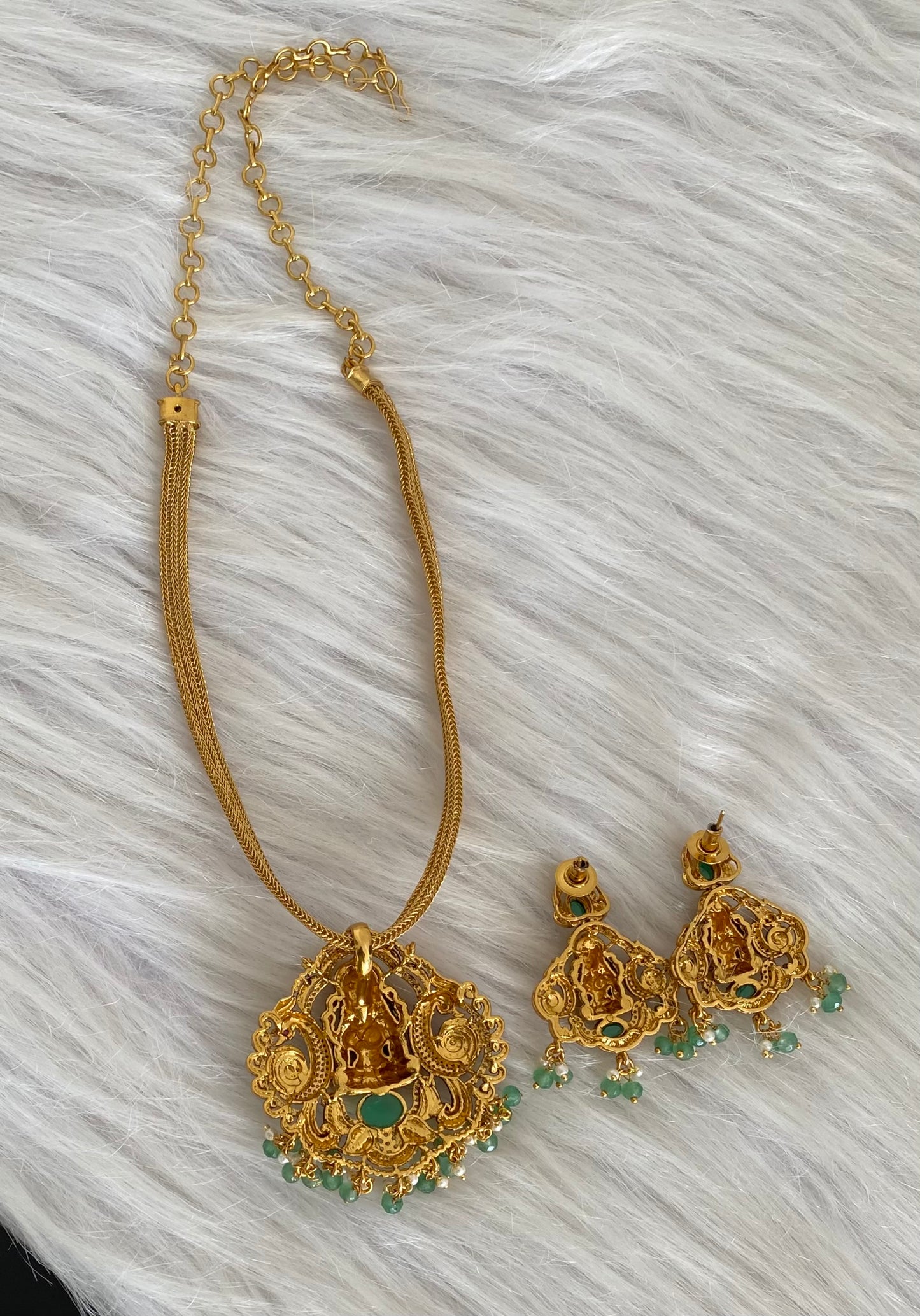 Antique gold tone lakshmi peacock green beaded necklace set dj-54265