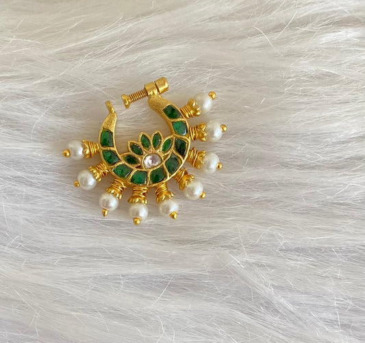 Gold tone kundan jadau green-white stone pearl nose pin dj-53716