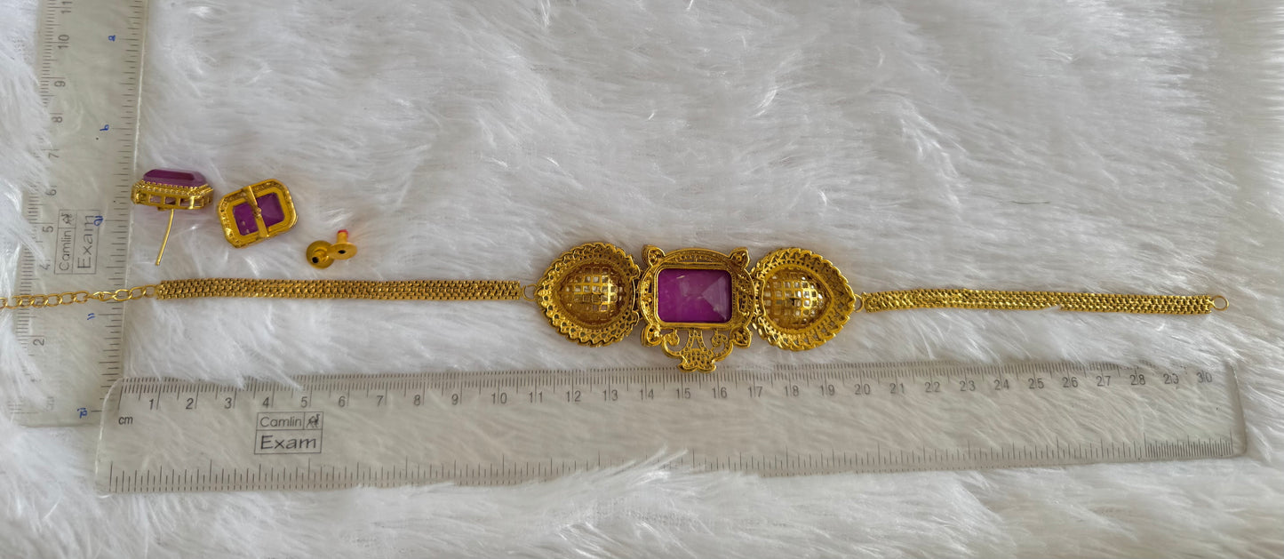 Antique gold tone cz big stone white-purple choker necklace set dj-51085
