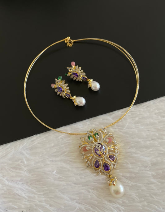 Two tone cz purple stone pendant set with kanti necklace dj-53997