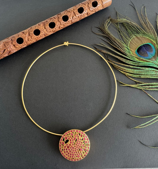 Matte finish pink kundan jadau round hasli peacock necklace dj-51532