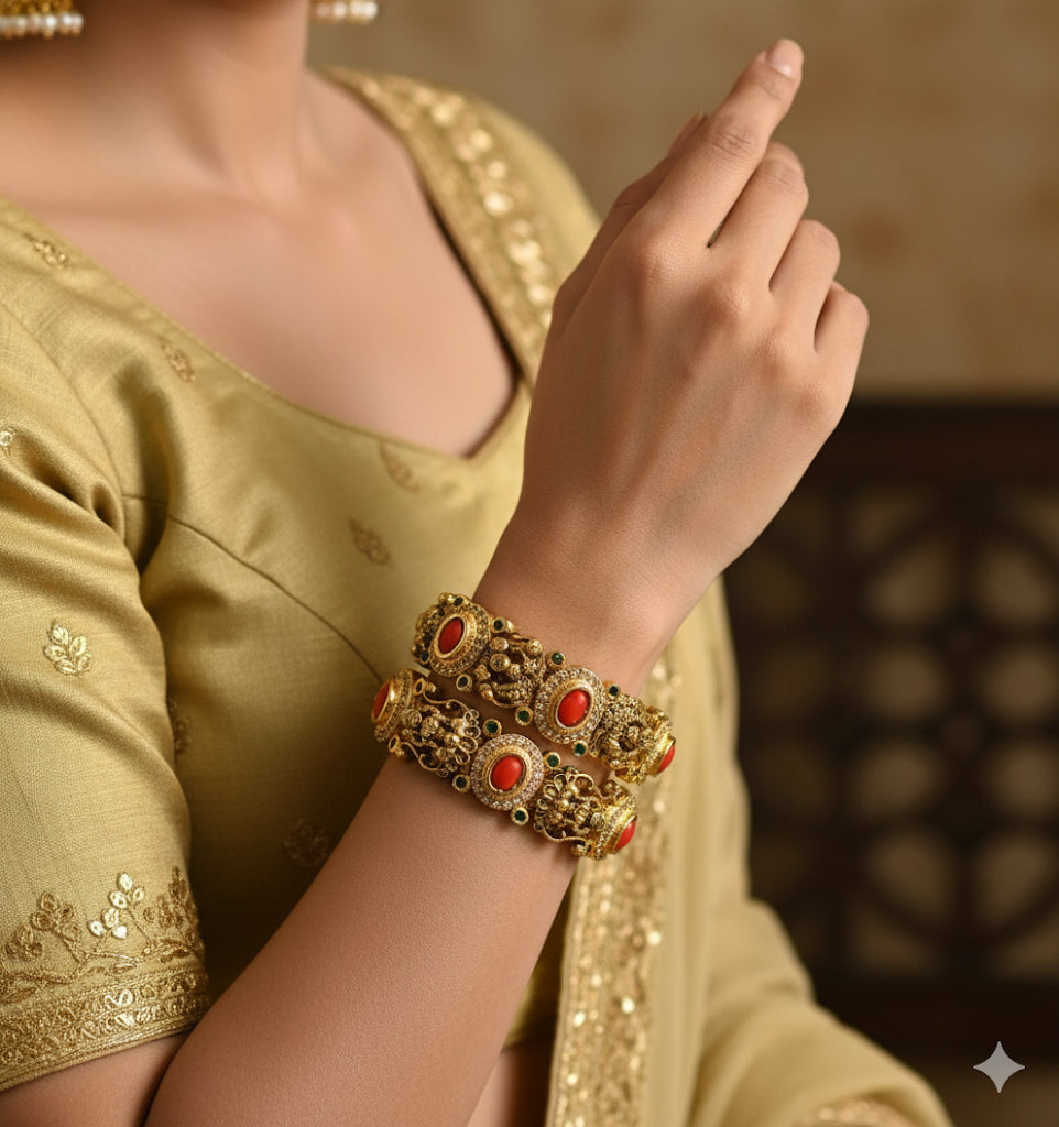 Antique gold tone cz coral-green oval stone lakshmi peacock bangles(2.4) dj-50938