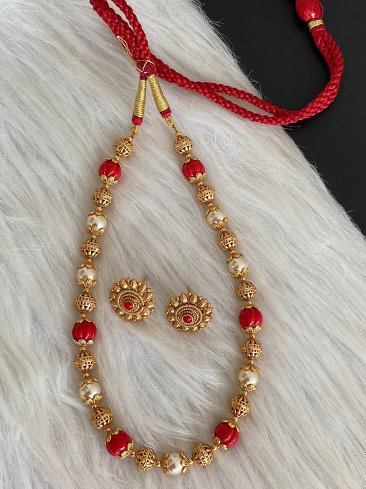 Matte finish coral-pearl beaded necklace set dj-53904