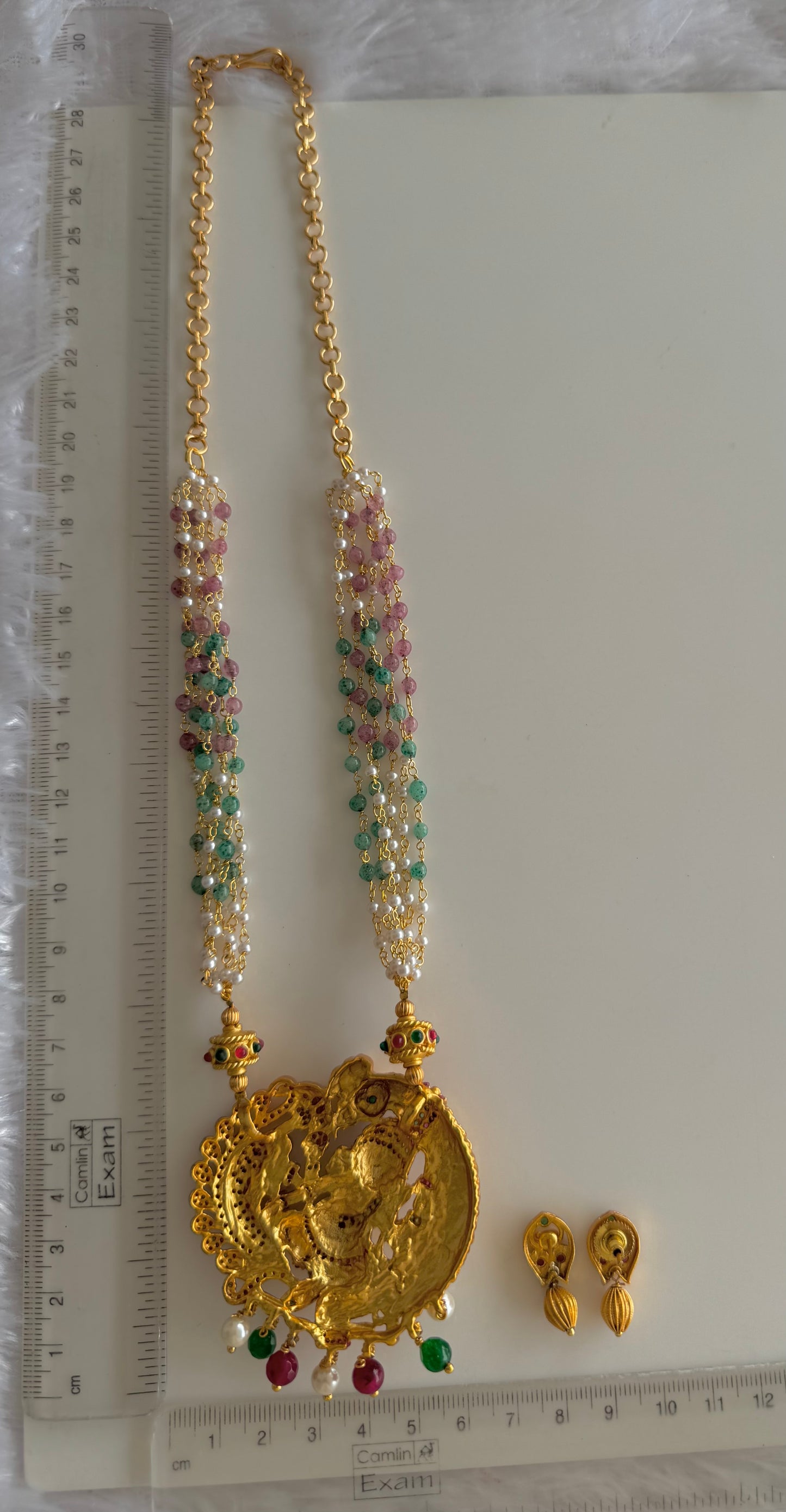 Bright Matte finish ruby-emerald Ganesha-peacock pendant pearl necklace set dj-51431