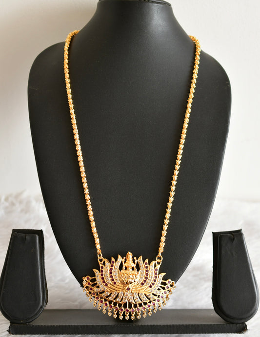 Gold tone ruby-white stone Lakshmi Lotus pendant with chain dj-38638