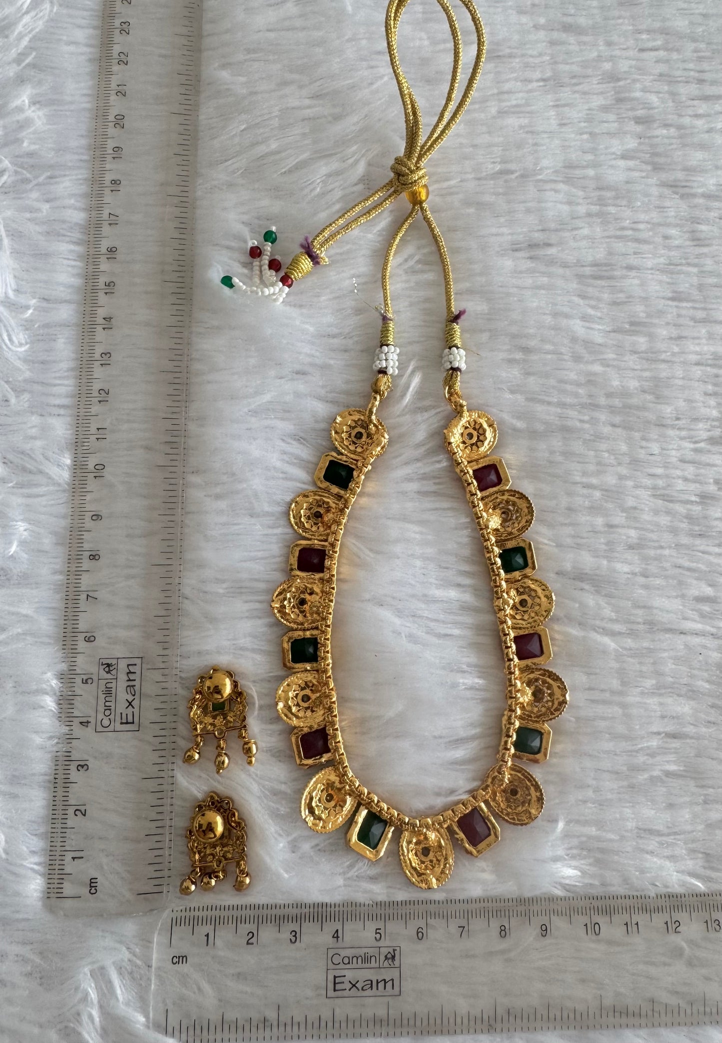 Antique gold tone block ruby-green stone flower necklace set dj-52099