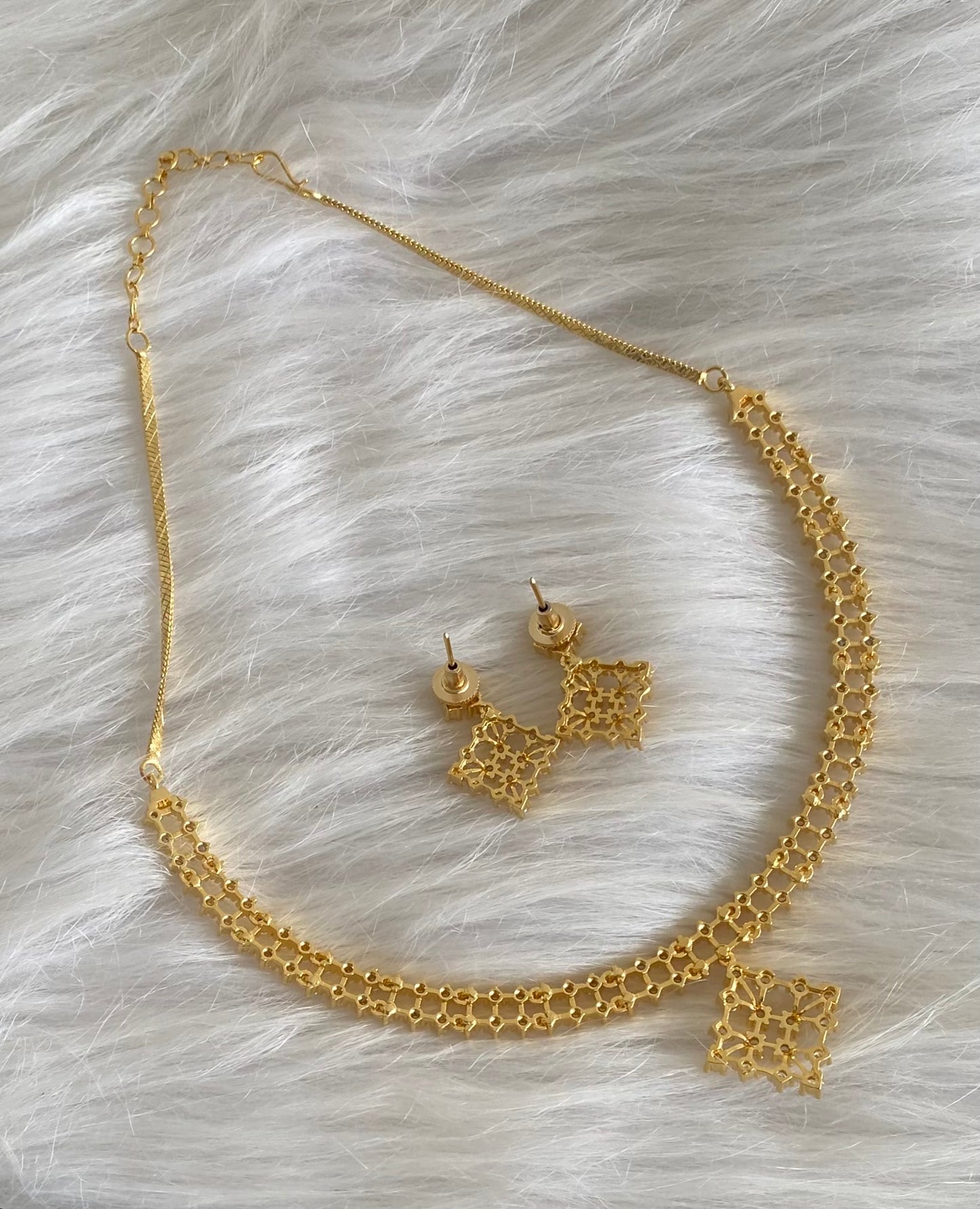 Gold tone cz white stone necklace set dj-54342