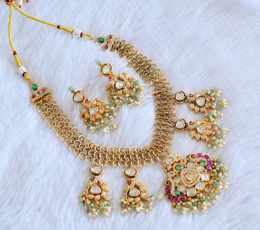 Antique gold tone ruby-green Kundan peacock necklace set dj-53031