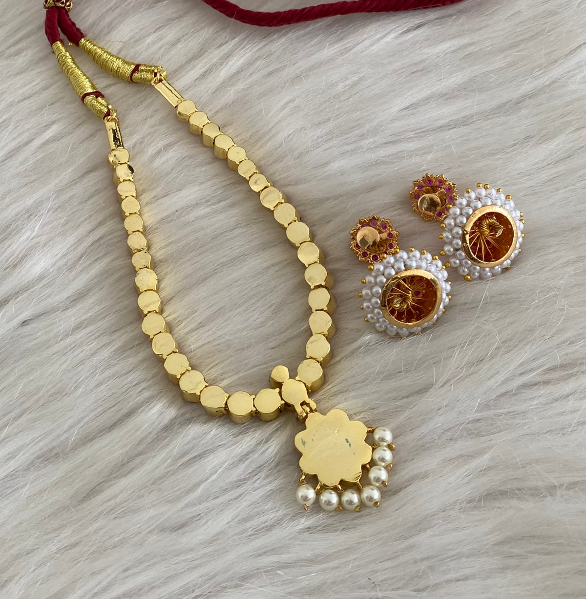 Gold tone AD balaji/rani pink stone pearl attigai necklace set dj-54989