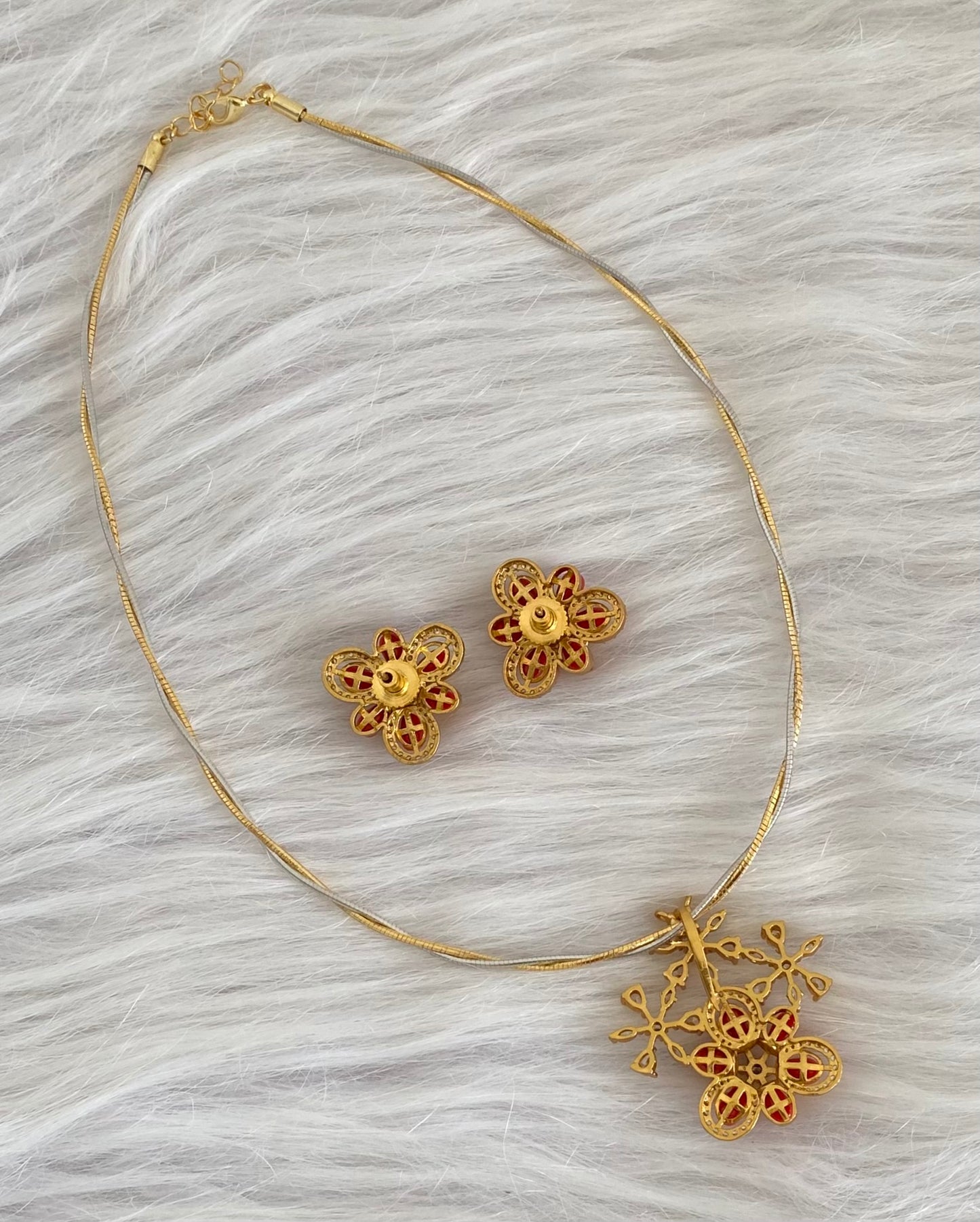 Two tone cz white stone coral pendant set with kanti necklace dj-54249